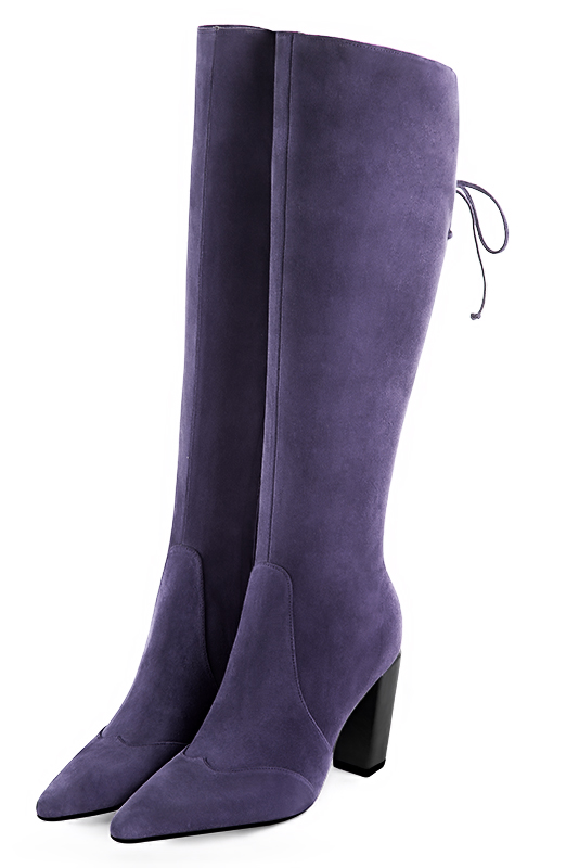 Lavender purple women's knee-high boots, with laces at the back. Tapered toe. Very high block heels. Made to measure. Front view - Florence KOOIJMAN